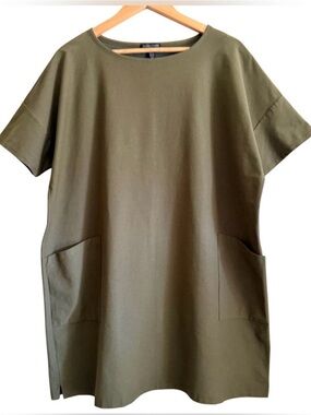 Eileen Fisher Olive Green Short Sleeve Mini Dress w/ pockets, Sz XS, runs large